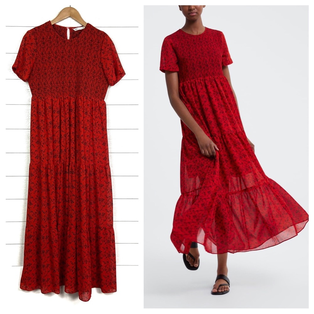 ZARA Red Floral Smocked Chiffon Maxi Dress Short Sleeve Tiered Large Sundress
